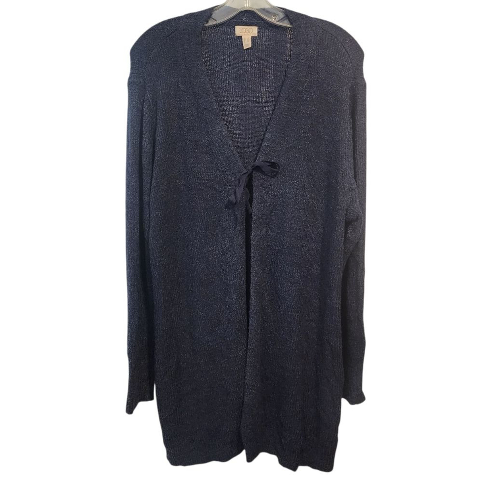 Logo Navy Blue Long Tie-Front Cardigan Sweater, Size 2X. NWT